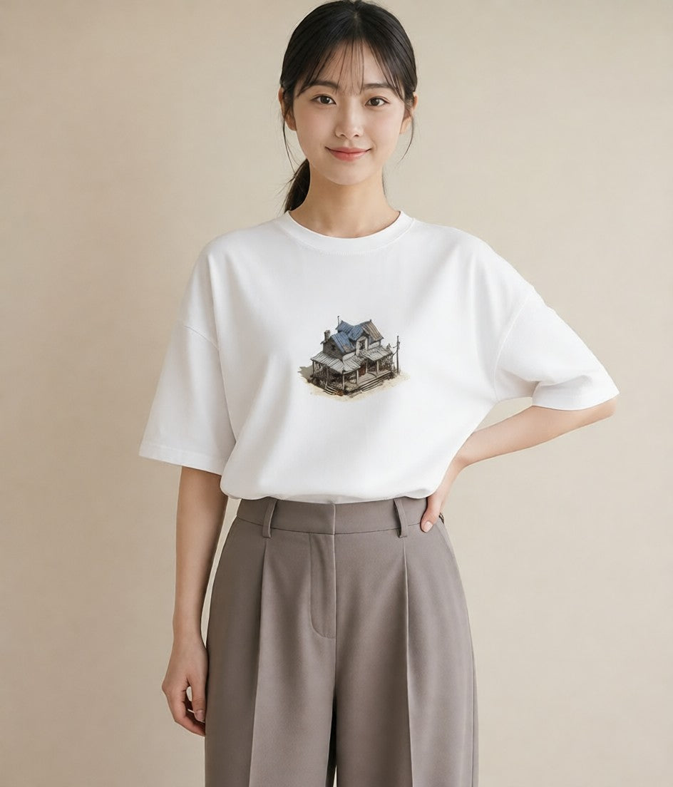 Tシャツ レディース 駅のホーム ローカル線 駅 ナチュラル アンティーク イラスト 手描き風 20代 カジュアルコーデ 白T