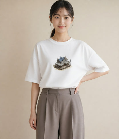 Tシャツ レディース 駅のホーム ローカル線 駅 ナチュラル アンティーク イラスト 手描き風 20代 カジュアルコーデ 白T