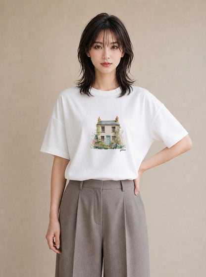 半袖Tシャツ レディース 湖畔の小屋 湖 小屋 ナチュラル アンティーク イラスト 韓国風 ママ カフェ服 白T