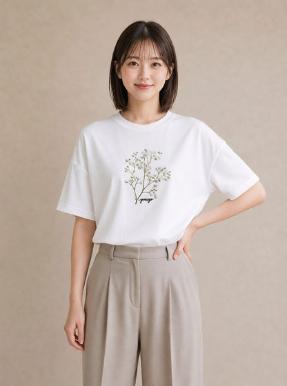プリントTシャツ レディース カスミソウ かすみ草 花 花柄 イラスト 手描き風 デート 帰省 白T