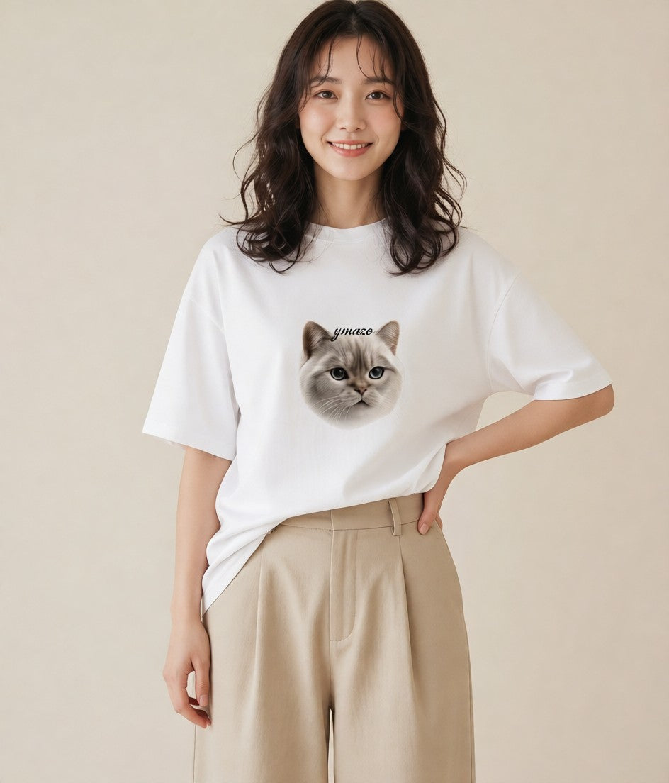プリントTシャツ レディース シャム柄 猫 ねこ イラスト きれいめカジュアル 春服 ミセス 白T