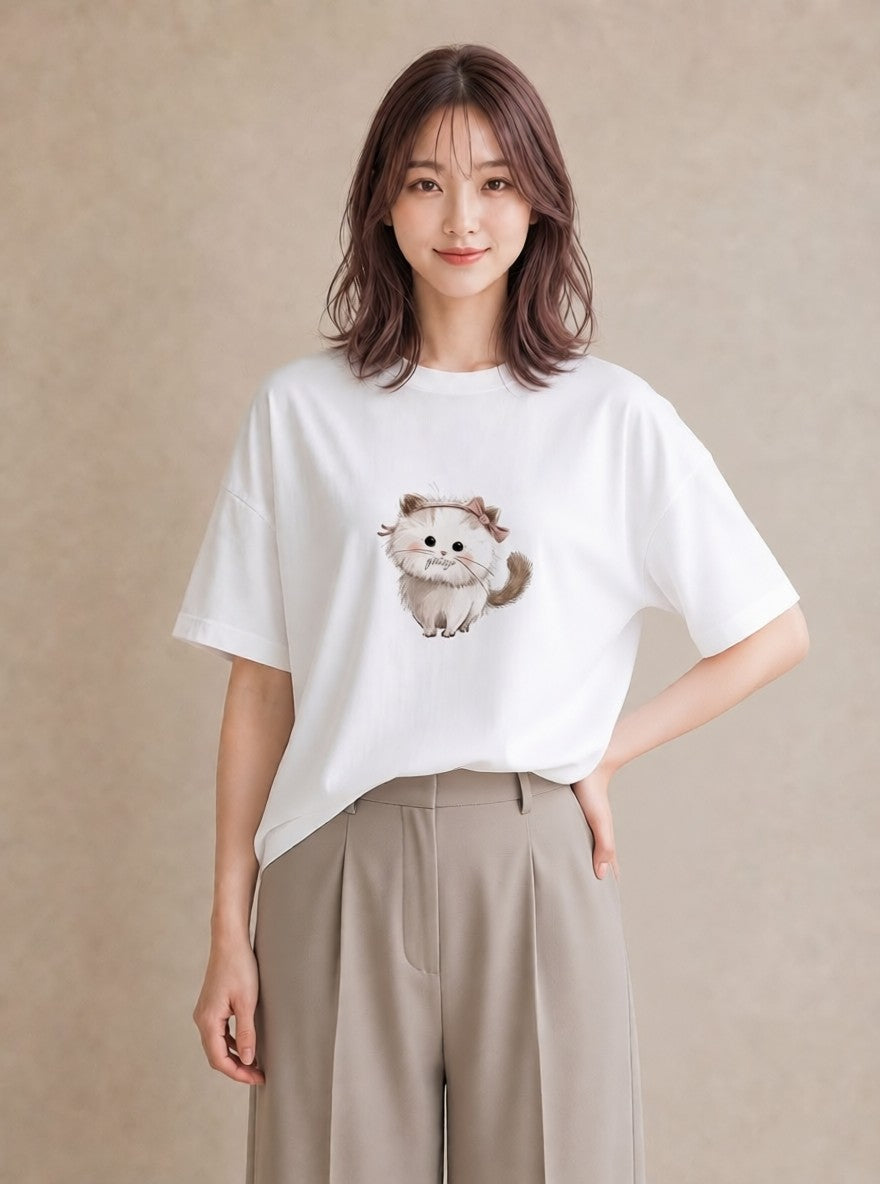 Tシャツ レディース マンチカン 猫 ねこ イラスト お洒落 休日 ペアコーデ 白T