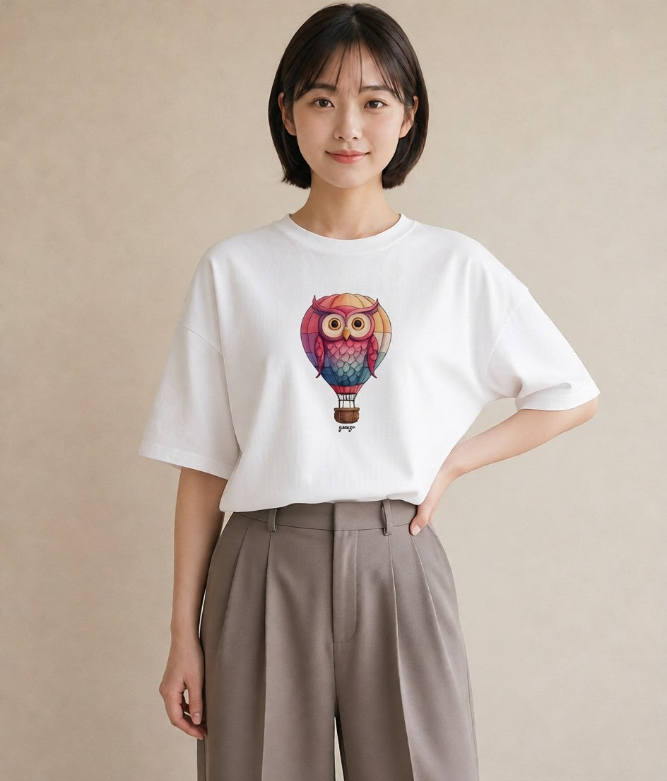 プリントTシャツ レディース 気球 星空 宇宙 イラスト ナチュラル 帰省 ラフ 白T