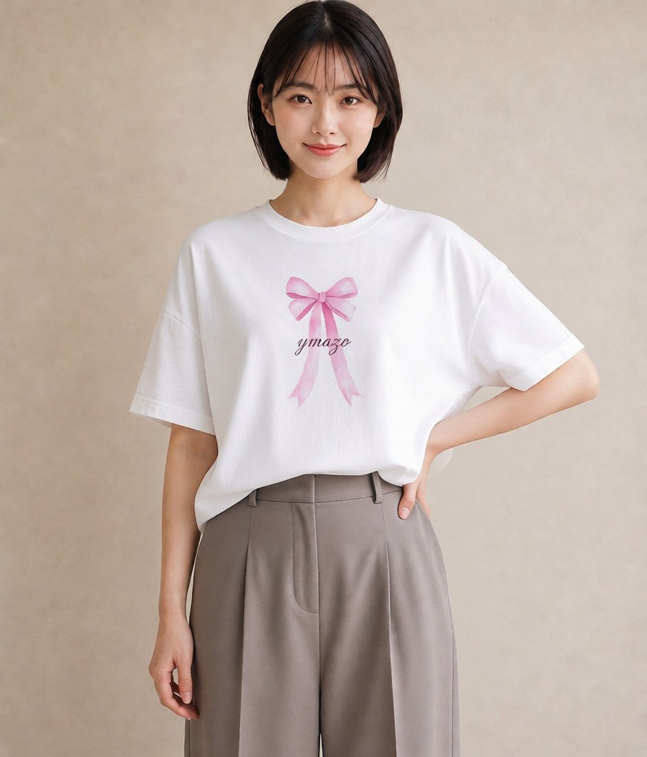 半袖Tシャツ レディース リボン 蝶結び ナチュラル アンティーク イラスト ポップ 母娘コーデ 自分用 白T