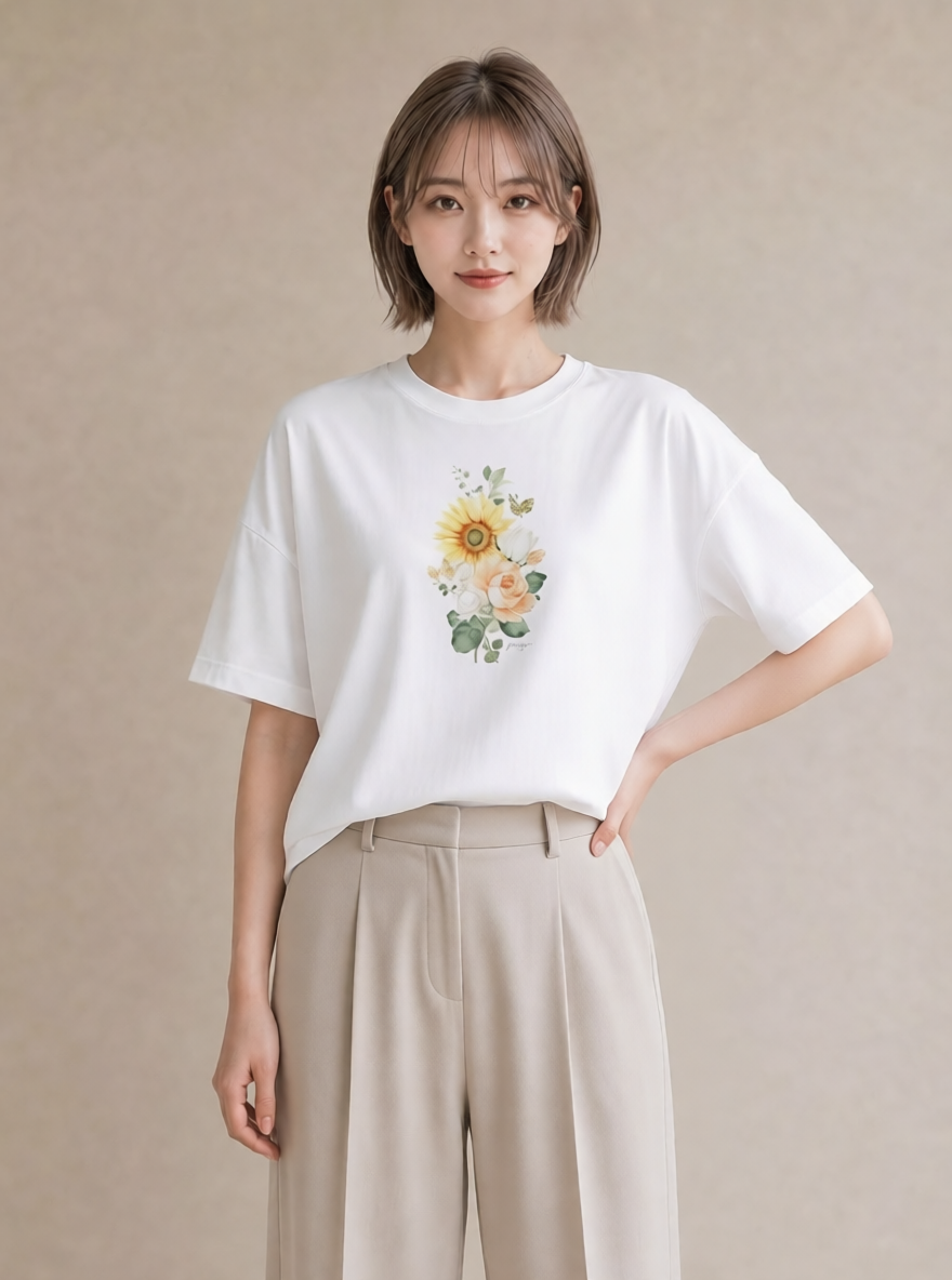 半袖Tシャツ レディース ひまわり 向日葵 花 花柄 イラスト 旅行コーデ クリスマス 旅行 白T