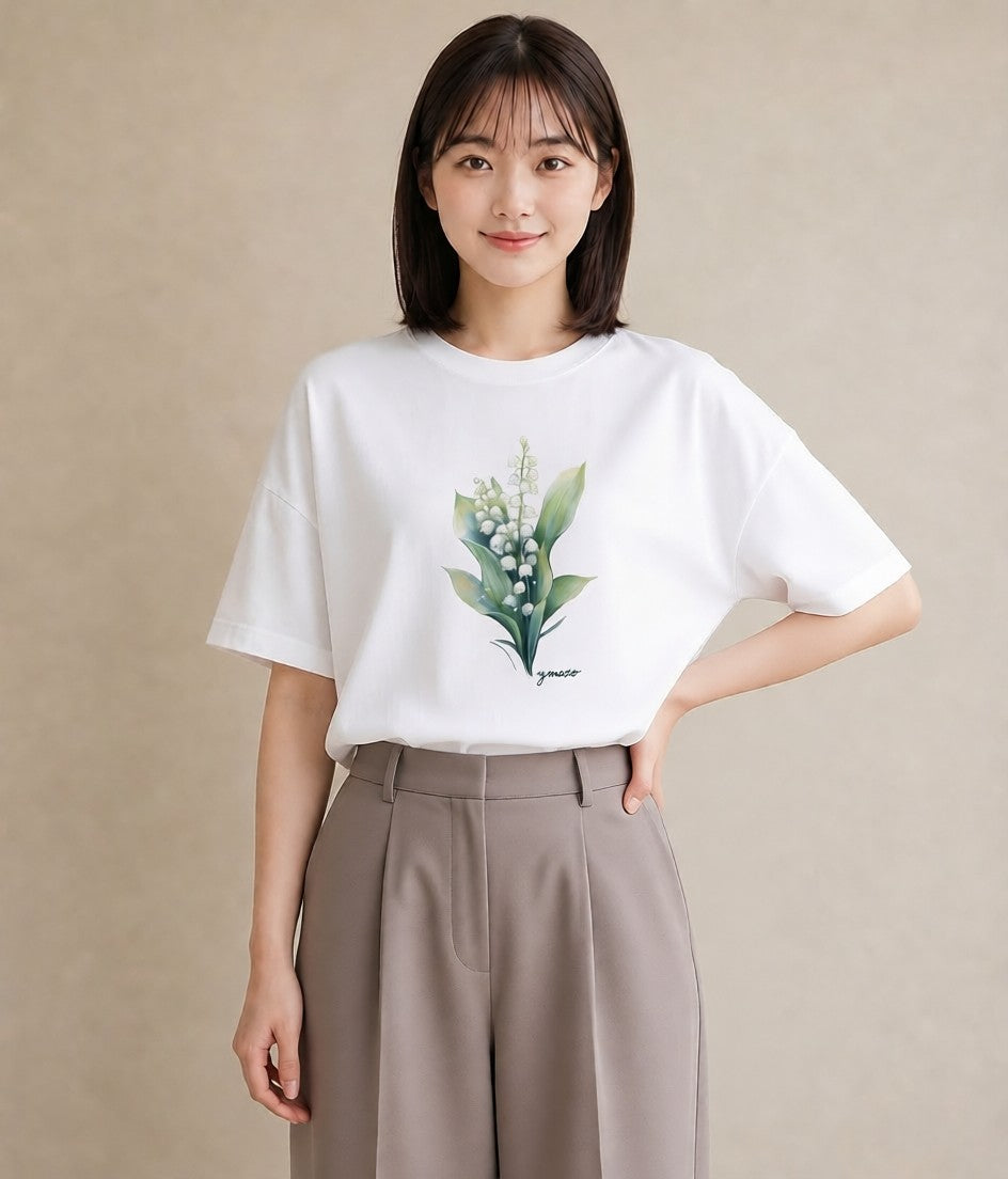 グラフィックTシャツ レディース すずらん 花 花柄 イラスト きれいめ 部屋着 女性向けギフト 白T