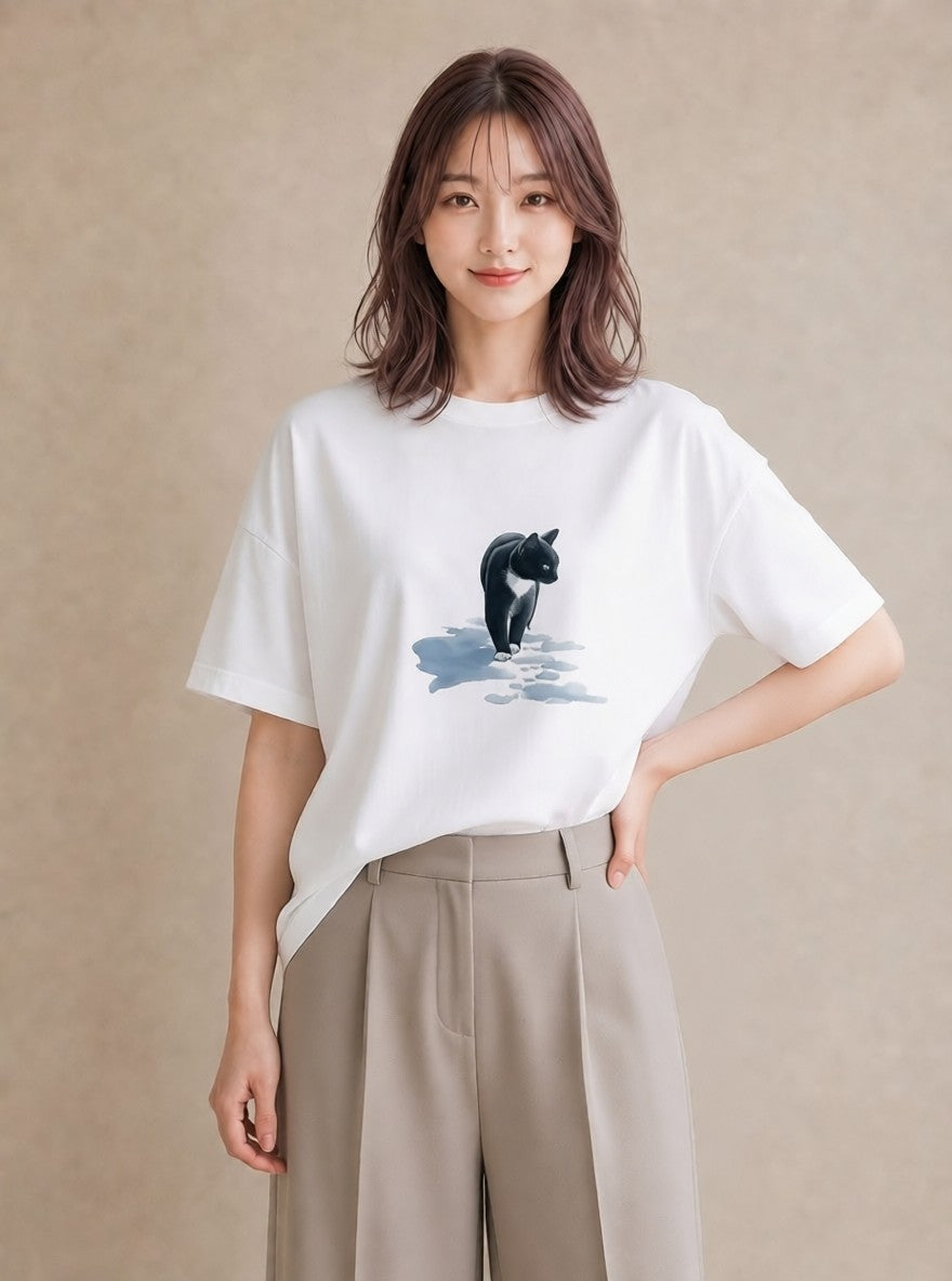 グラフィックTシャツ レディース 靴下猫 猫 ねこ イラスト 抜け感 自分用 ルームウェア 白T