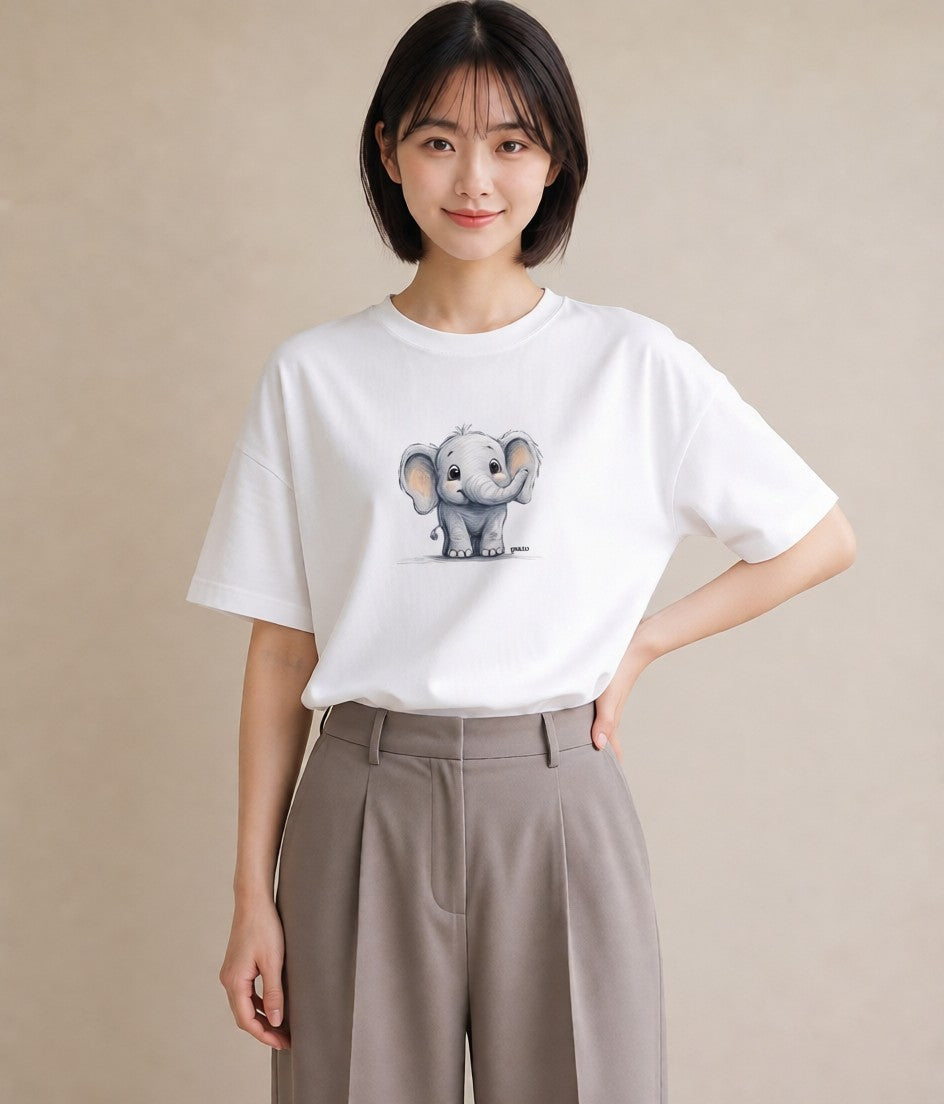 Tシャツ レディース ぞう 動物 アニマル イラスト カジュアル 20代 カジュアルコーデ 白T