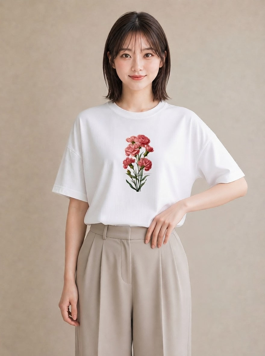 デザインTシャツ レディース カーネーション 花 花柄 イラスト 休日コーデ 春服 ミセス 白T