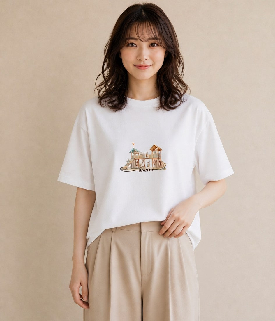 デザインTシャツ レディース 小川 橋 せせらぎ ナチュラル アンティーク イラスト カフェコーデ 姉妹 送別ギフト 白T