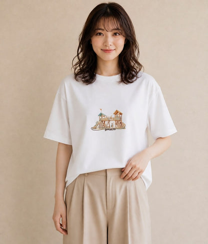 デザインTシャツ レディース 小川 橋 せせらぎ ナチュラル アンティーク イラスト カフェコーデ 姉妹 送別ギフト 白T