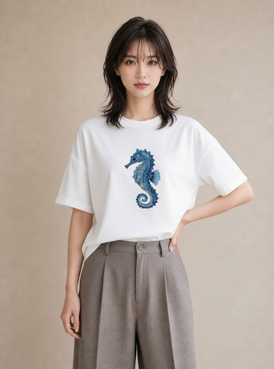 プリントTシャツ レディース タツノオトシゴ 海の生き物 海 イラスト こなれ感 社会人 女性 白T