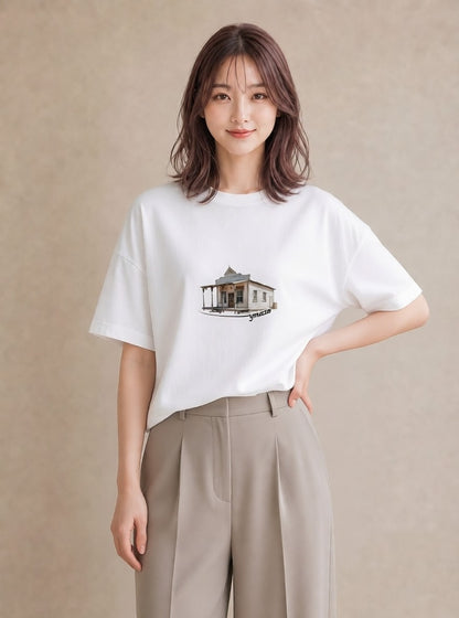 プリントTシャツ レディース 駅のホーム ローカル線 駅 ナチュラル アンティーク イラスト ラフカジュアル カフェ服 クリスマス 白T