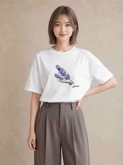 プリントTシャツ レディース ラベンダー 花 花柄 イラスト ペアコーデ 秋コーデ 白T