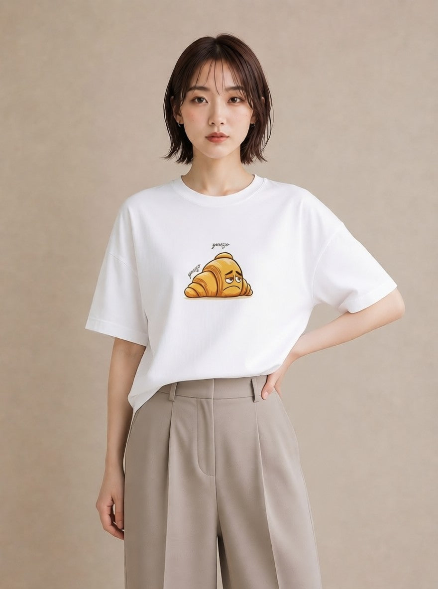 デザインTシャツ レディース クロワッサン 食べ物 フード イラスト きれいめ 旅行用 海 白T