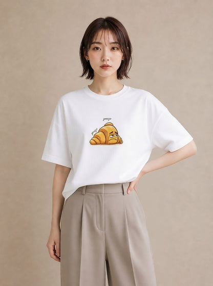 デザインTシャツ レディース クロワッサン 食べ物 フード イラスト きれいめ 旅行用 海 白T