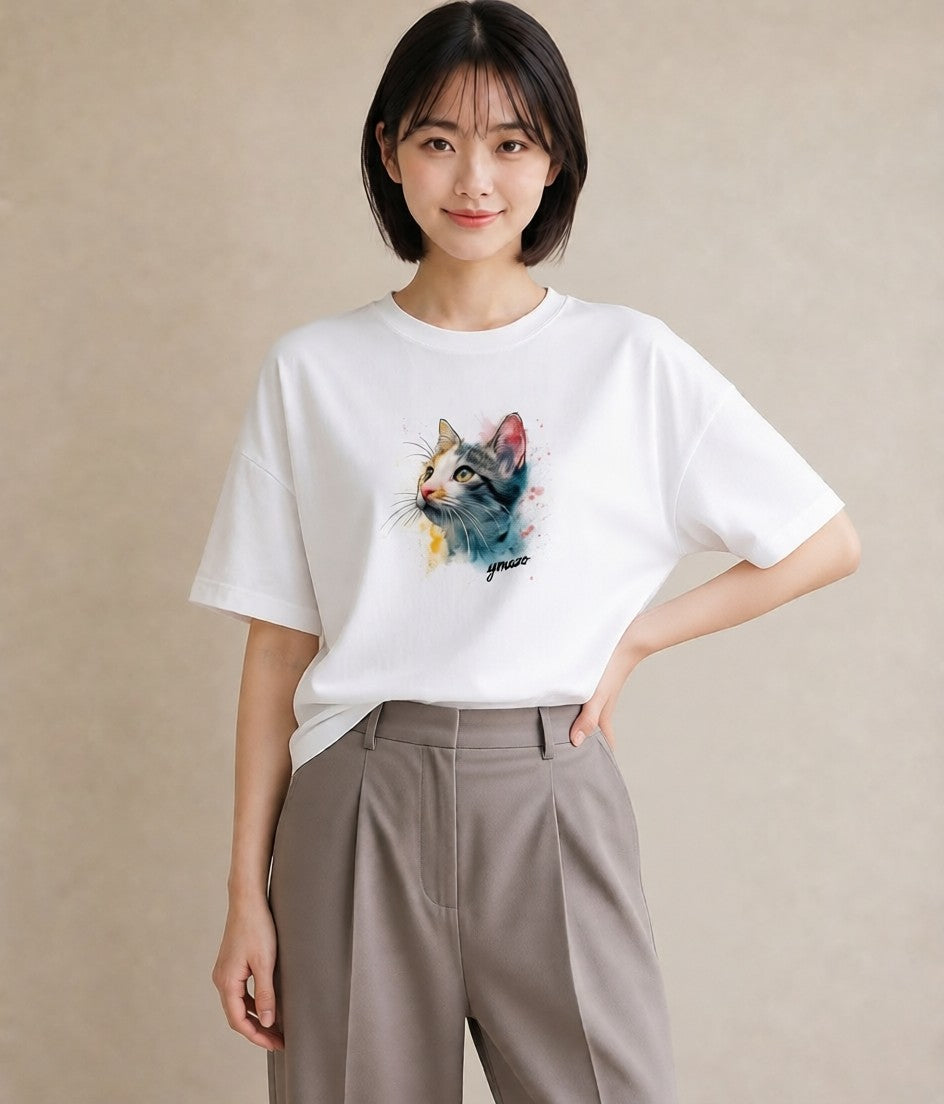 デザインTシャツ レディース アメリカンショートヘア 猫 ねこ イラスト ミセス 春コーデ 白T