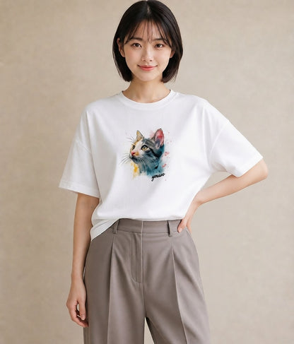 デザインTシャツ レディース アメリカンショートヘア 猫 ねこ イラスト ミセス 春コーデ 白T
