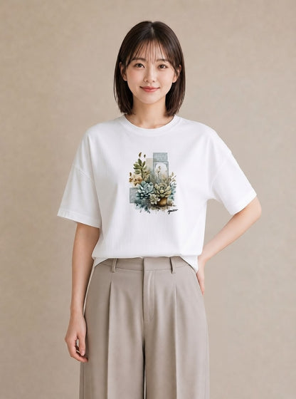 グラフィックTシャツ レディース 夕暮れ バルコニー 夕焼け ナチュラル アンティーク イラスト ヴィンテージ風 ビーチ デイリーウェア 白T