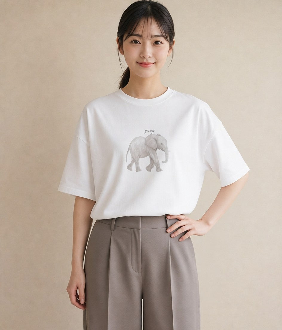 Tシャツ レディース ぞう 動物 アニマル イラスト ミニマル 通勤 在宅 白T
