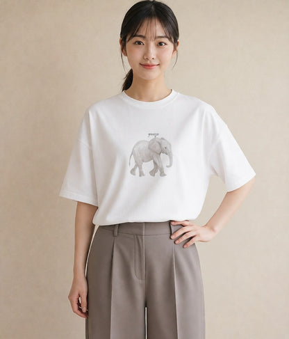 Tシャツ レディース ぞう 動物 アニマル イラスト ミニマル 通勤 在宅 白T
