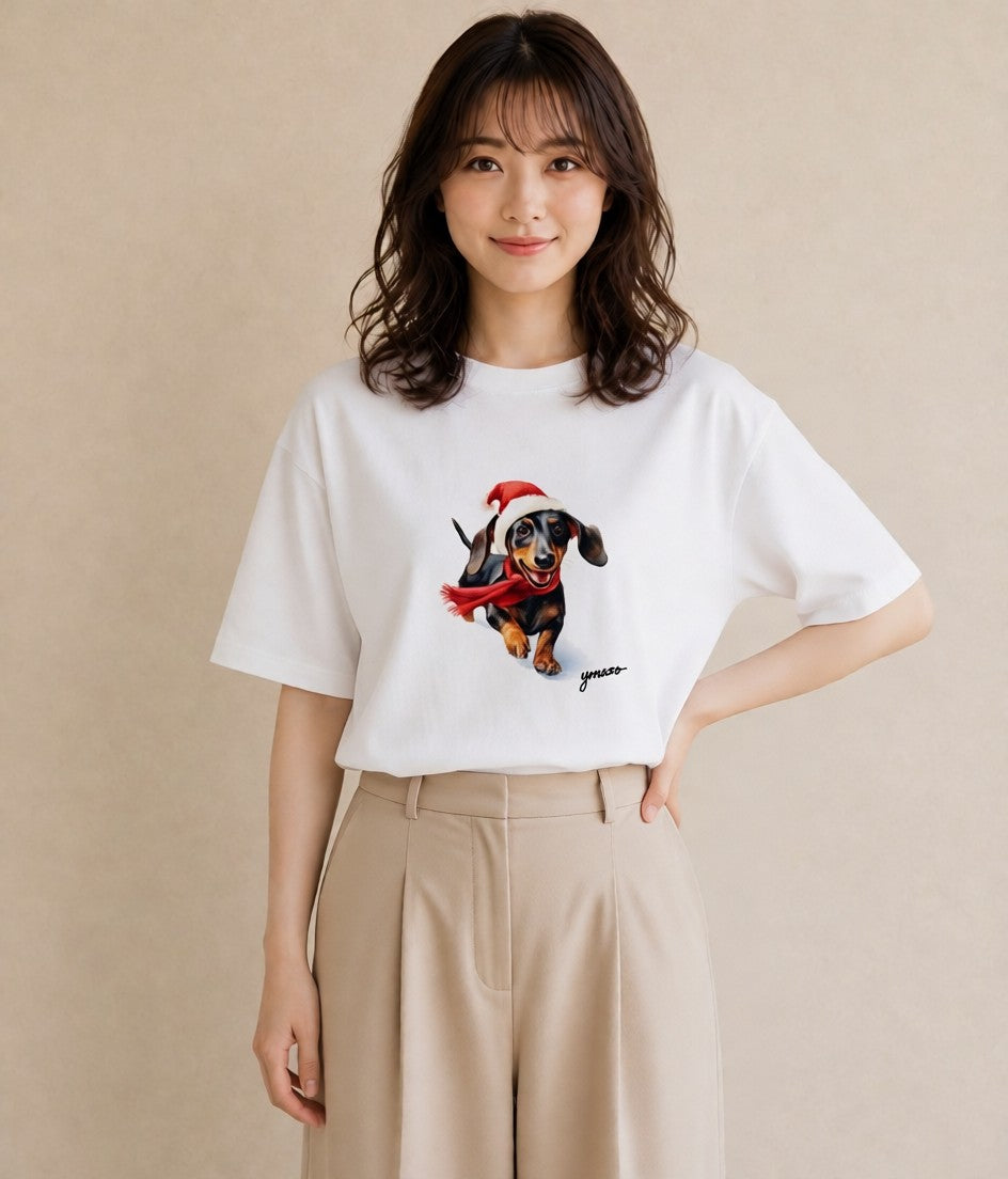 デザインTシャツ レディース ミニチュアダックスフンド 犬 いぬ イラスト モード ママ カフェ服 白T