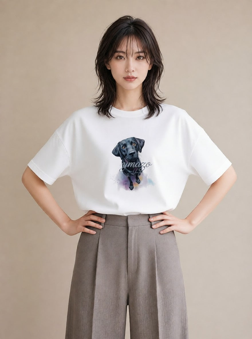 半袖Tシャツ レディース ラブラドールレトリバー 犬 いぬ イラスト フェミニン カフェ服 クリスマス 白T