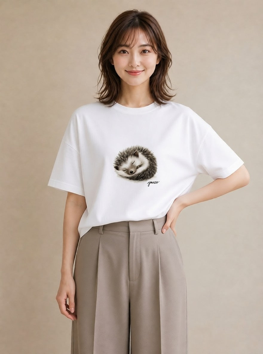 プリントTシャツ レディース ハリネズミ ペット 動物 イラスト カジュアル カジュアルコーデ 買い物 白T