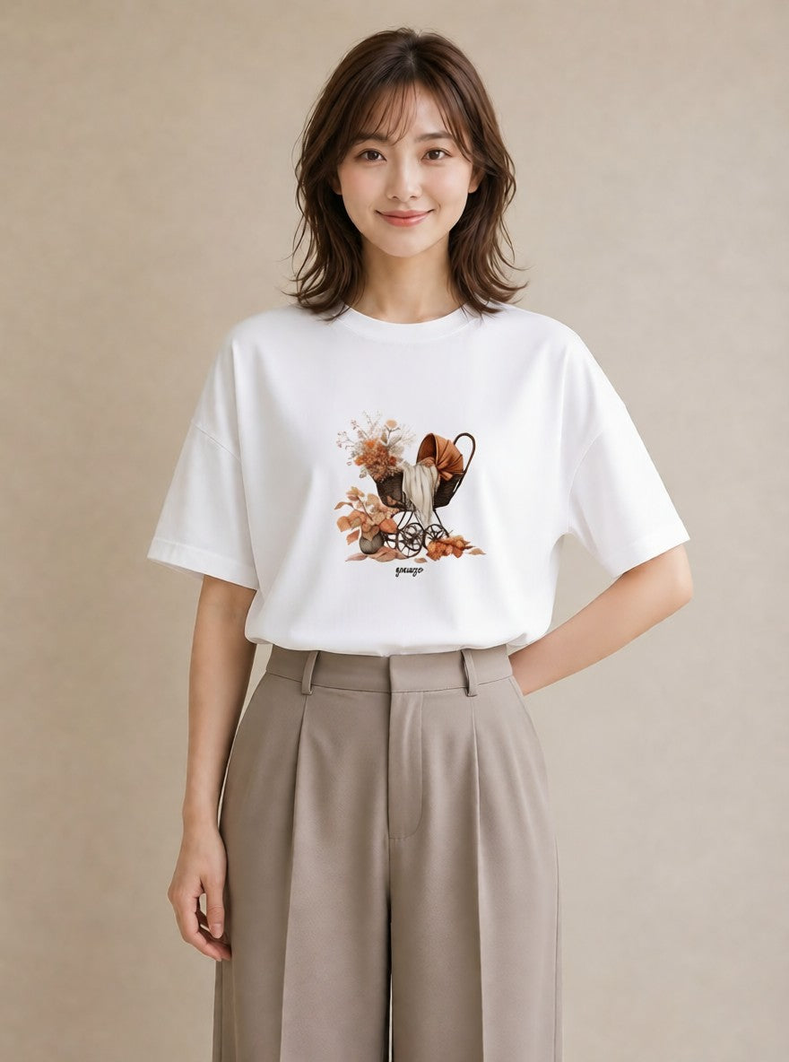 グラフィックTシャツ レディース 自転車のかご 自転車 花かご ナチュラル アンティーク イラスト 上品 女性向けギフト 散歩 白T