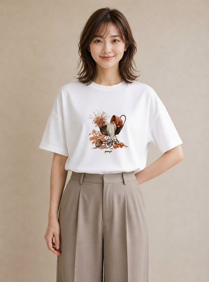 グラフィックTシャツ レディース 自転車のかご 自転車 花かご ナチュラル アンティーク イラスト 上品 女性向けギフト 散歩 白T
