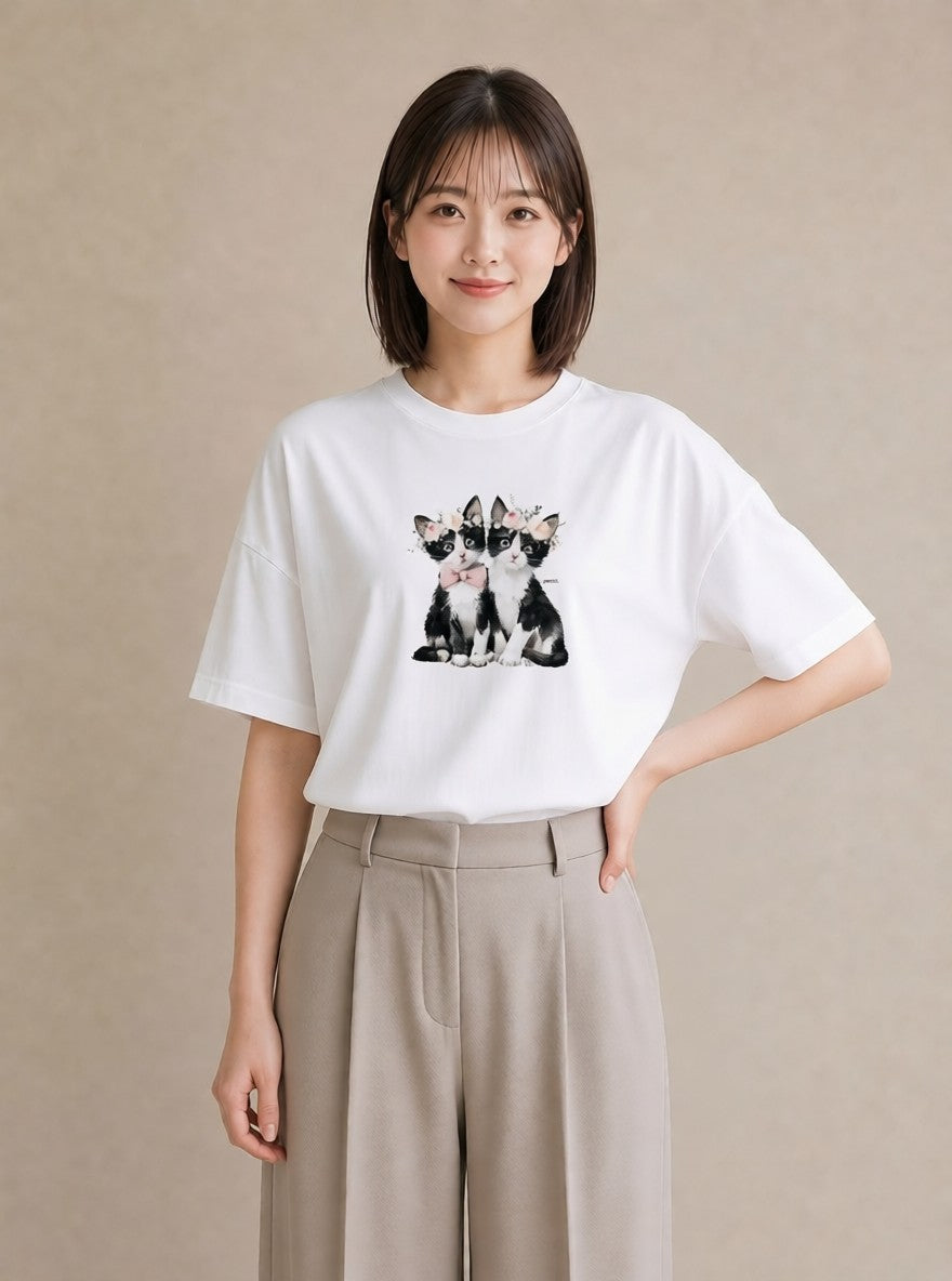 デザインTシャツ レディース ハチワレ 白黒猫 猫 ねこ イラスト カフェコーデ カフェ巡り 女子会 白T