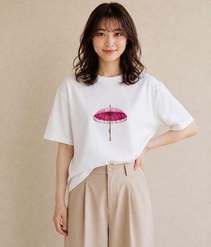 半袖Tシャツ レディース 傘 水たまり 雨 ナチュラル アンティーク イラスト レトロ 休日 ペアコーデ 白T