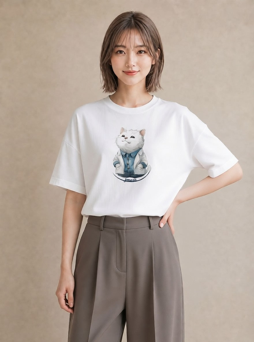 半袖Tシャツ レディース 猫 ねこ イラスト カジュアル 散歩 お出かけ 白T