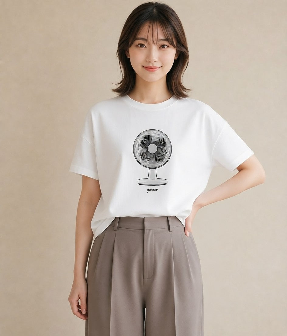 Tシャツ レディース 扇子 そよ風 ナチュラル アンティーク イラスト 休日コーデ 秋コーデ おしゃれギフト 白T