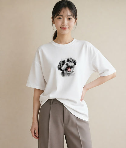半袖Tシャツ レディース ペキニーズ 犬 いぬ イラスト ニュアンス 親子 20代 白T