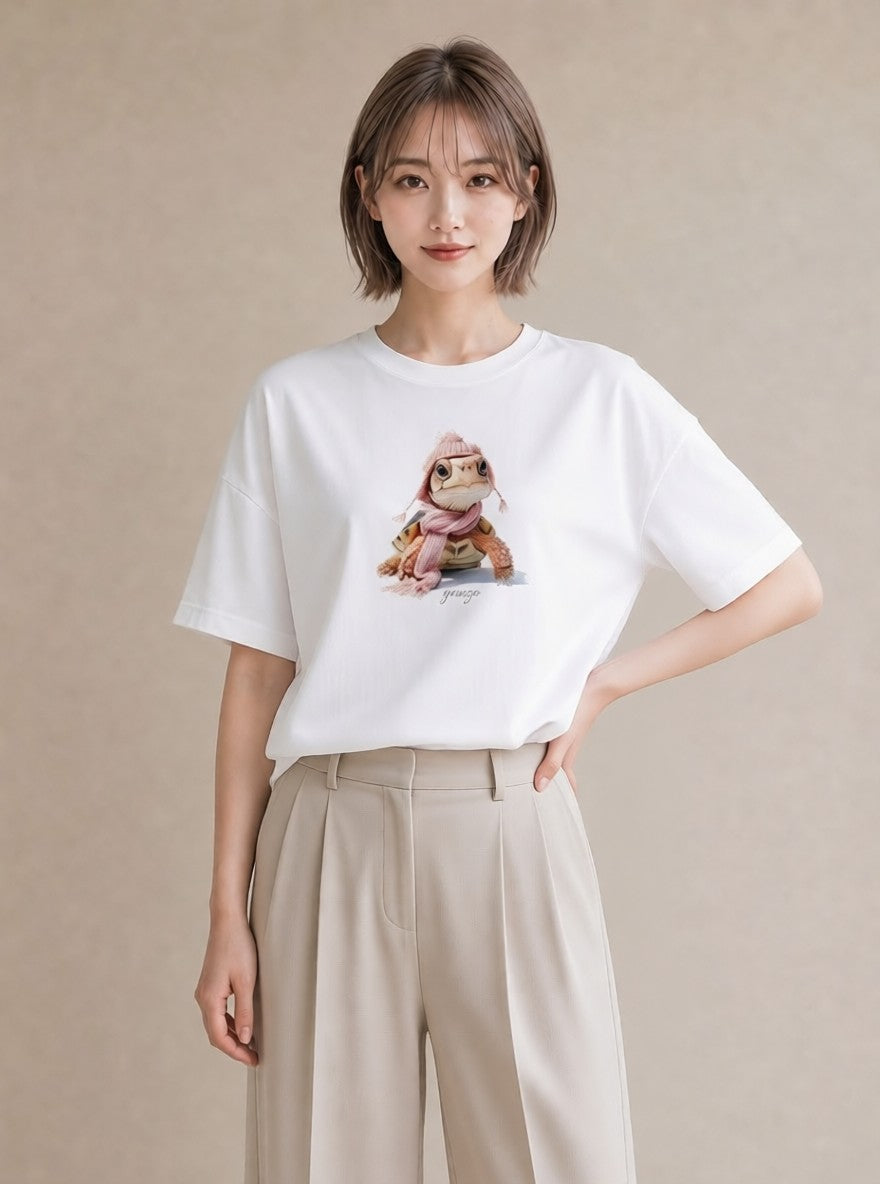 プリントTシャツ レディース カメ ペット 動物 イラスト シック ビーチ デイリーウェア 白T