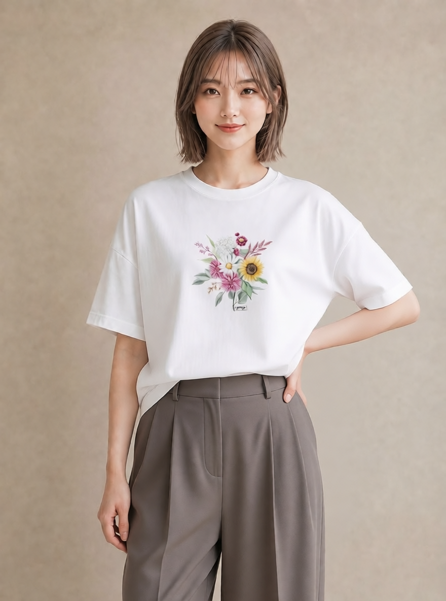 デザインTシャツ レディース ひまわり 向日葵 花 花柄 イラスト ナチュラル 母の日 ビーチ 白T