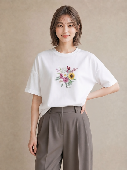 デザインTシャツ レディース ひまわり 向日葵 花 花柄 イラスト ナチュラル 母の日 ビーチ 白T