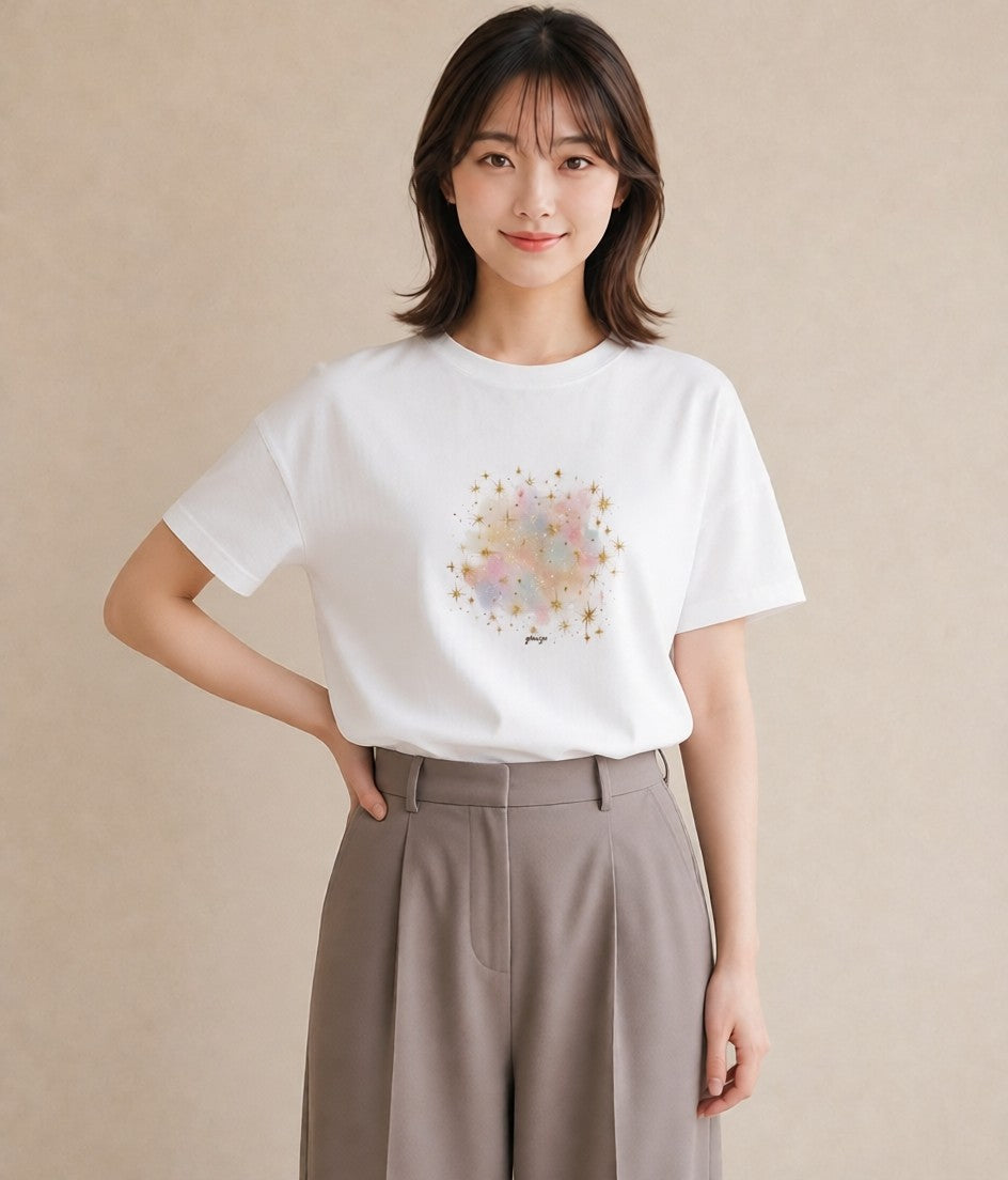 半袖Tシャツ レディース 星空 宇宙 イラスト 淡色 おしゃれギフト 社会人 白T