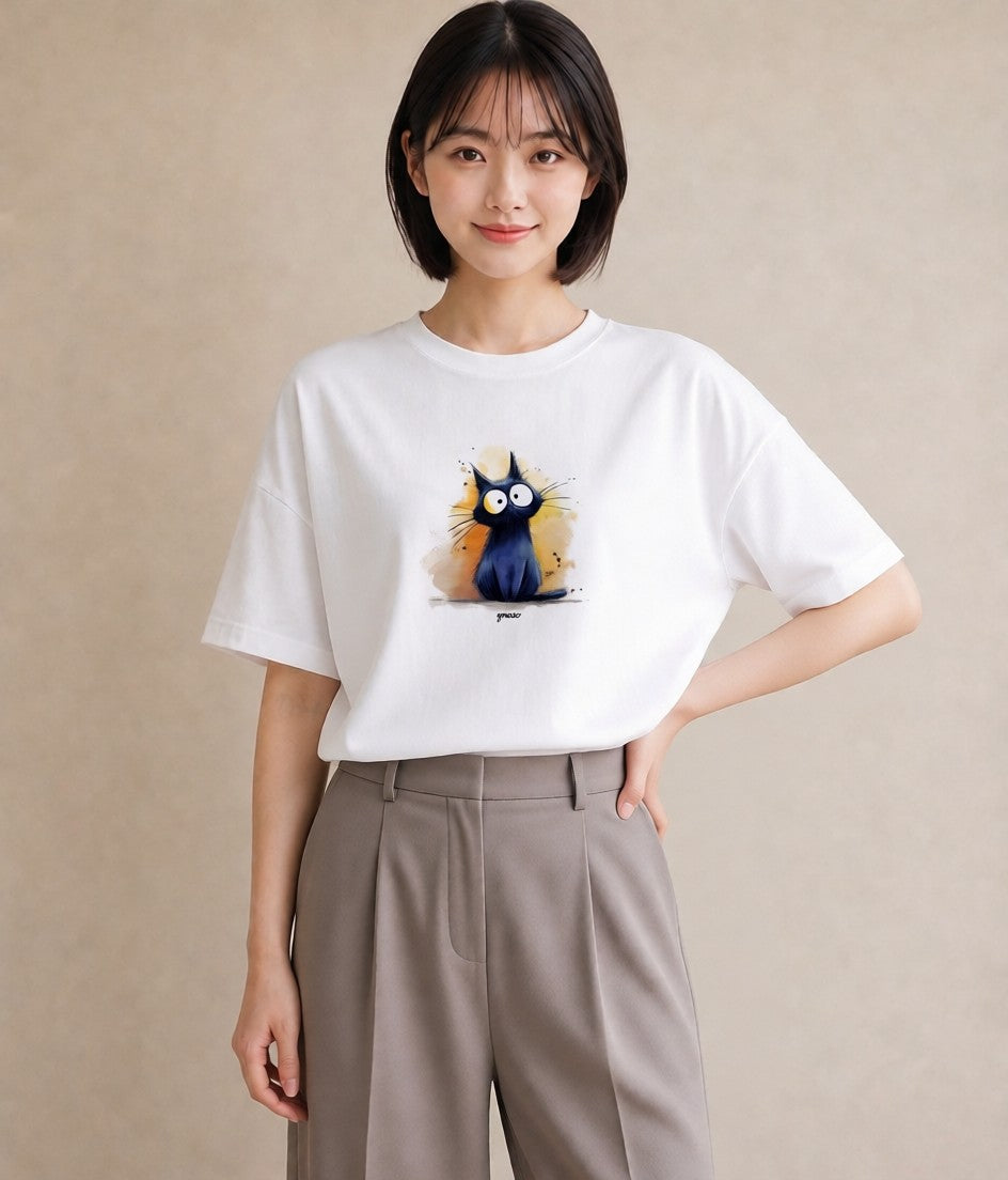 半袖Tシャツ レディース ロシアンブルー 猫 ねこ イラスト カフェコーデ 通学 誕生日プレゼント 白T
