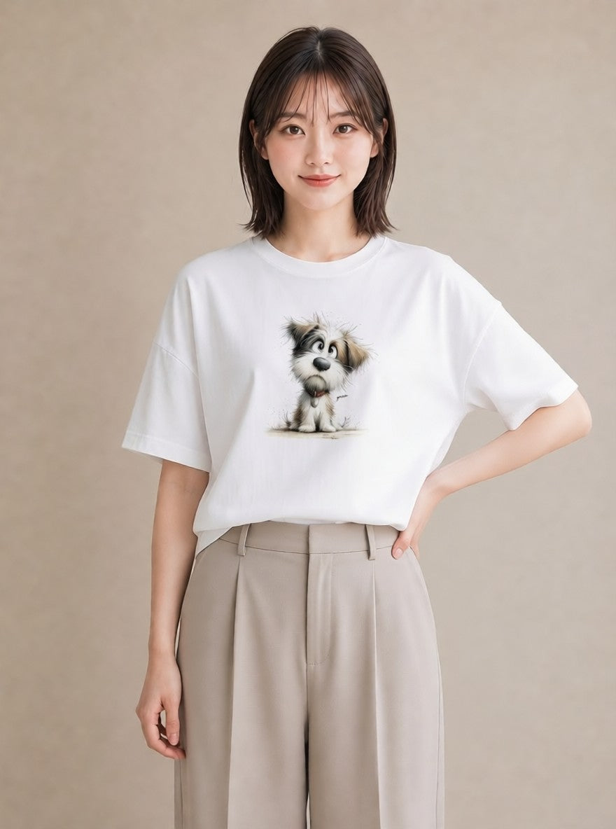 グラフィックTシャツ レディース わんちゃん 犬 いぬ イラスト 手描き風 海 カフェ巡り 白T