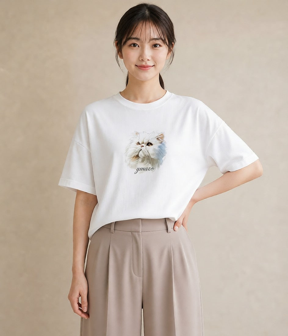 デザインTシャツ レディース メインクーン 猫 ねこ イラスト 普段使い 旅行 母娘コーデ 白T