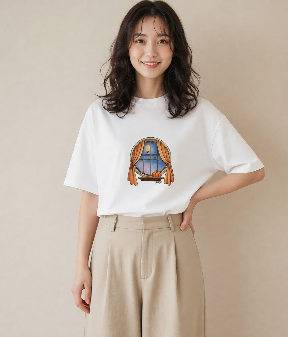 プリントTシャツ レディース 灯りの家 小屋 夜 ナチュラル アンティーク イラスト 休日コーデ クリスマス 旅行 白T