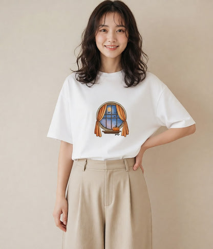 プリントTシャツ レディース 灯りの家 小屋 夜 ナチュラル アンティーク イラスト 休日コーデ クリスマス 旅行 白T