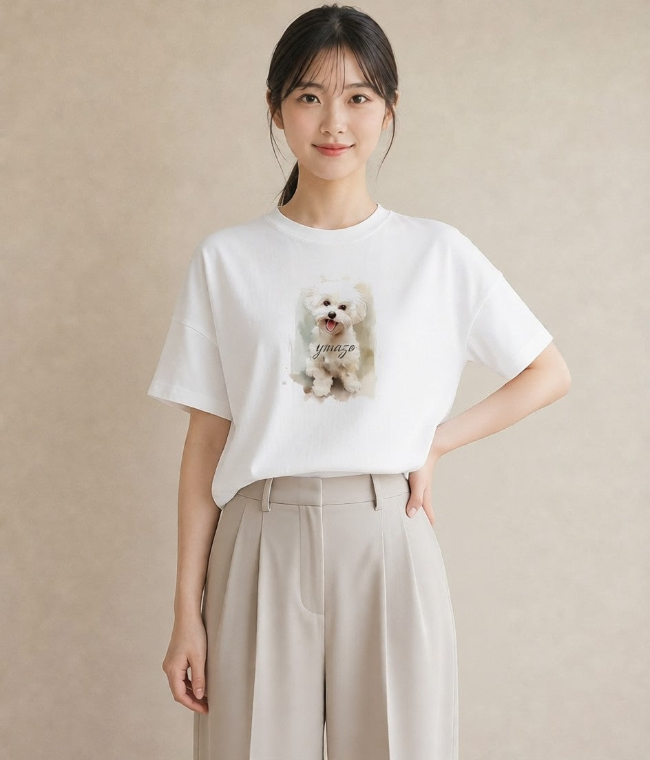 半袖Tシャツ レディース ビションフリーゼ 犬 いぬ イラスト 水彩風 公園 ママ 白T