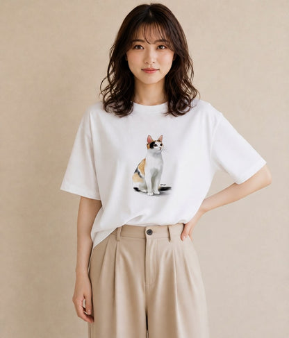 半袖Tシャツ レディース ベンガル 猫 ねこ イラスト ゆるかわ 買い物 夏コーデ 白T