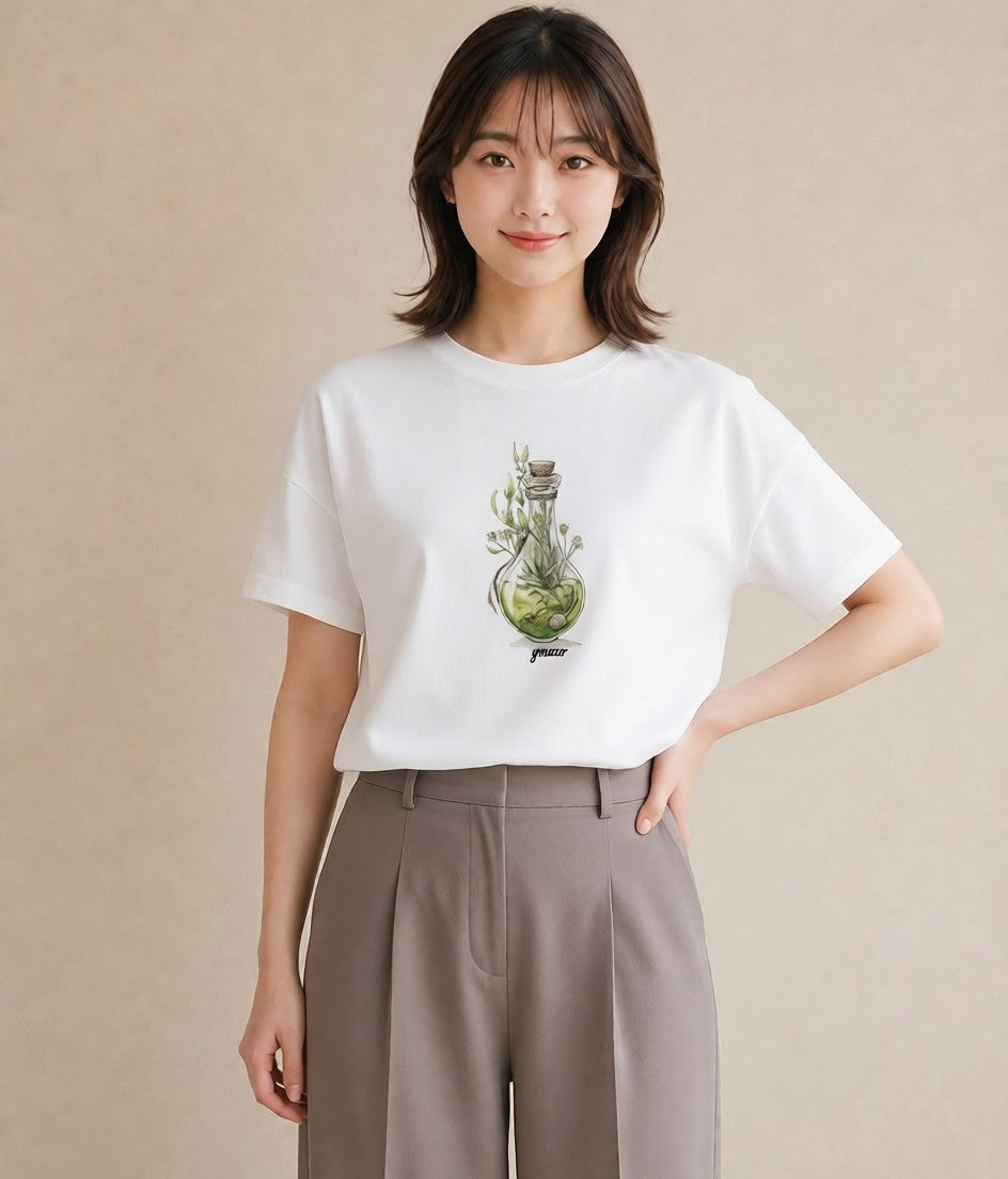 グラフィックTシャツ レディース ガラス瓶 小枝 ボタニカル ナチュラル アンティーク イラスト 休日 ペアコーデ 白T