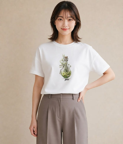 グラフィックTシャツ レディース ガラス瓶 小枝 ボタニカル ナチュラル アンティーク イラスト 休日 ペアコーデ 白T