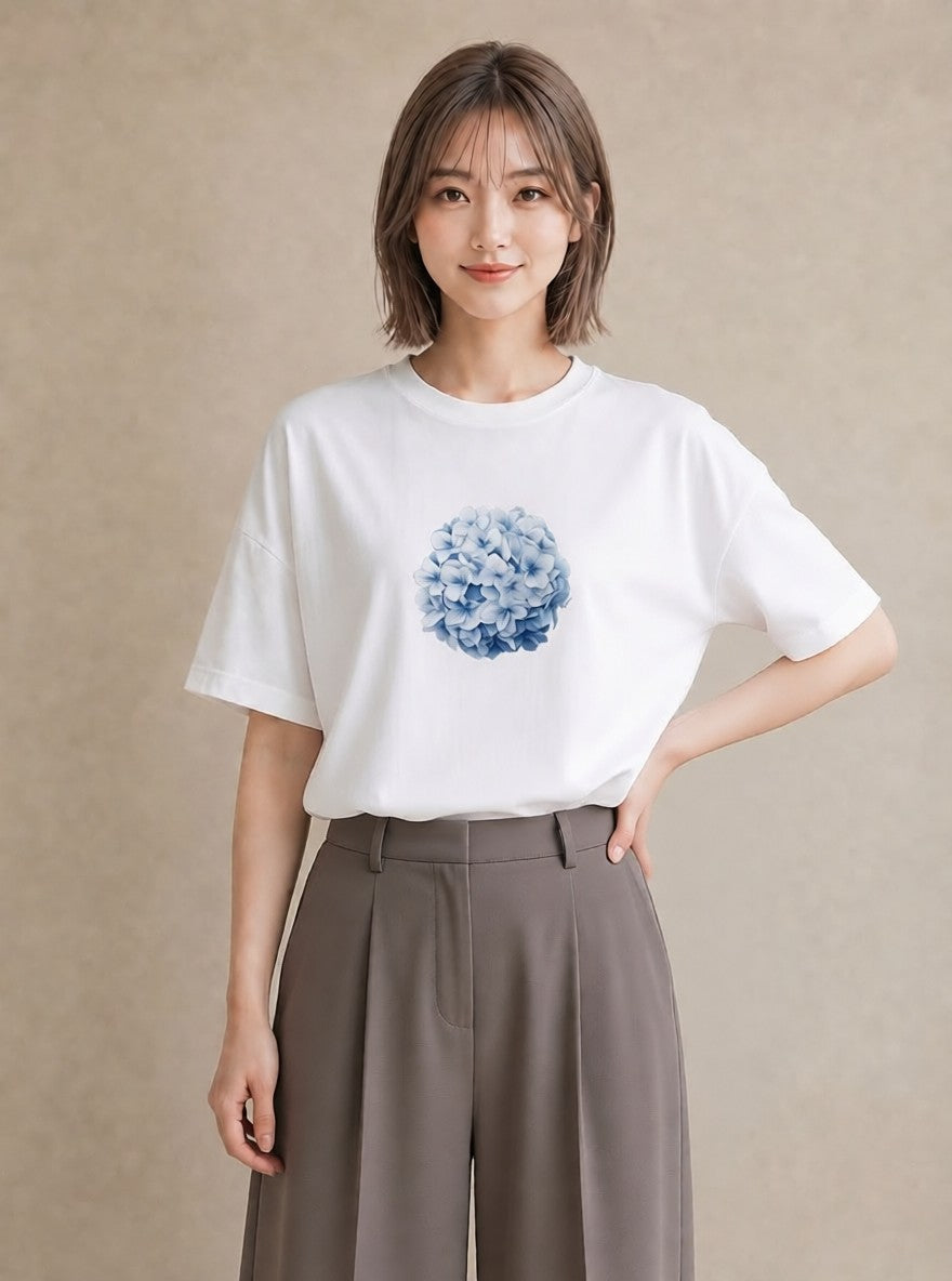 グラフィックTシャツ レディース あじさい 紫陽花 アジサイ 花 花柄 イラスト お洒落 通勤 在宅 白T