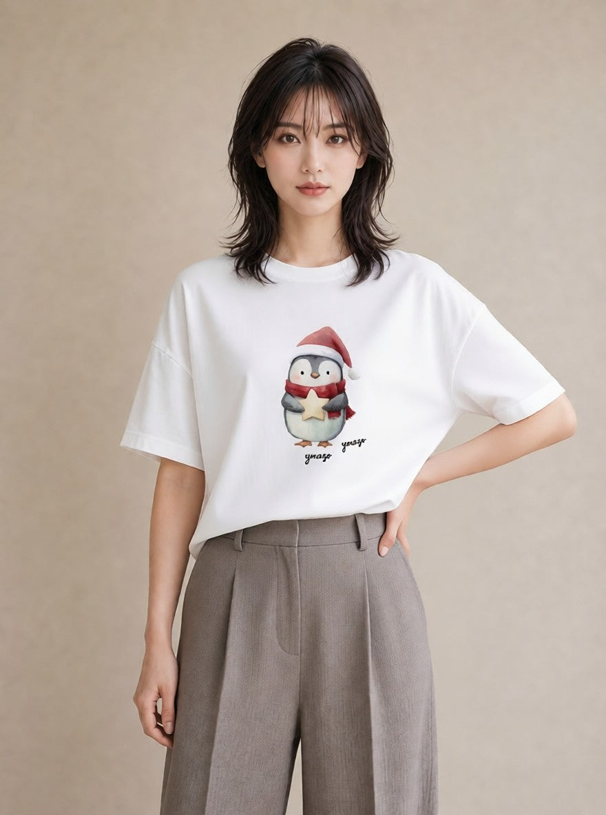 グラフィックTシャツ レディース ペンギン ぺんぎん 動物 アニマル イラスト こなれ感 通学 誕生日プレゼント 白T